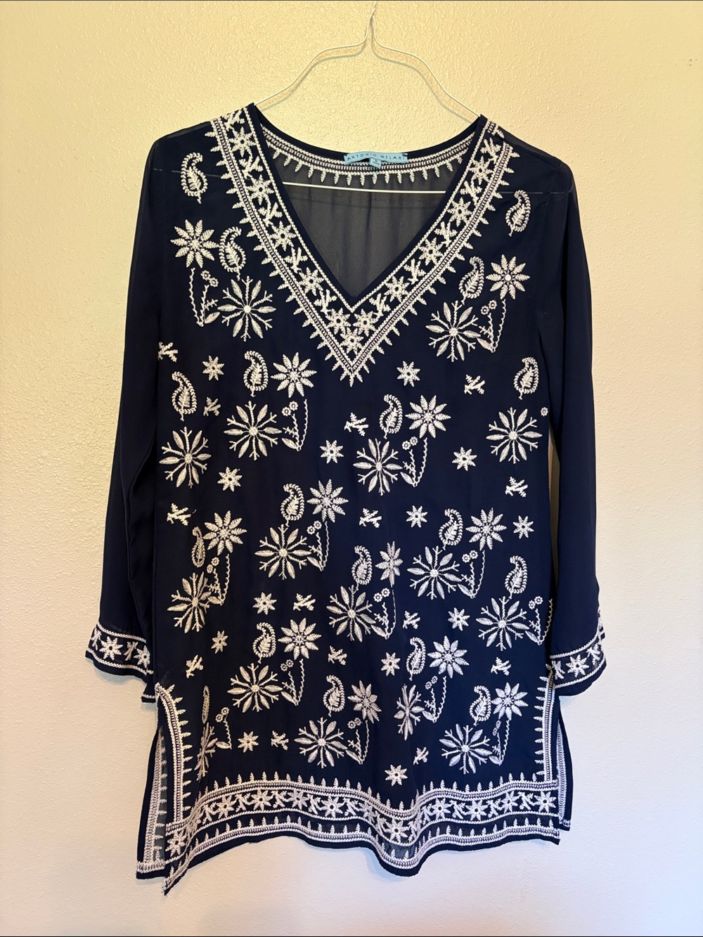 Antonio Melani Embroidered V-Neck Tunic Swim Coverup - Navy w/ White Embroidery